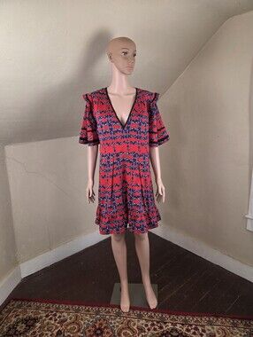 Self-Portrait Red Blue Printed Ruffle Sleeve Mini Dress V-Neck Size US 10 UK 14